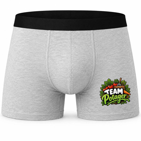 Boxer Homme Team Potager | modèle 2 | Caleçon Coton Gris Motif Devant Coutures Plates S à 5XL | Idée Cadeau Jardinier Fête des Pères Noël