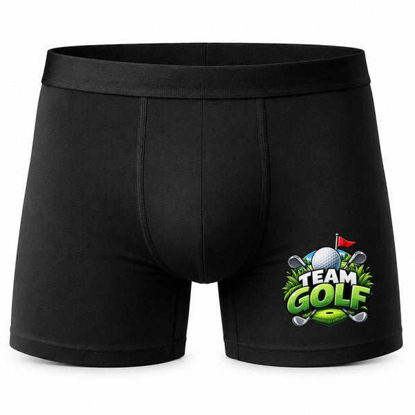 Boxer Homme Team Golf | modèle 2 | Caleçon Coton Noir Motif Devant Coutures Plates S à 5XL | Idée Cadeau Golfeur Fête des Pères Noël
