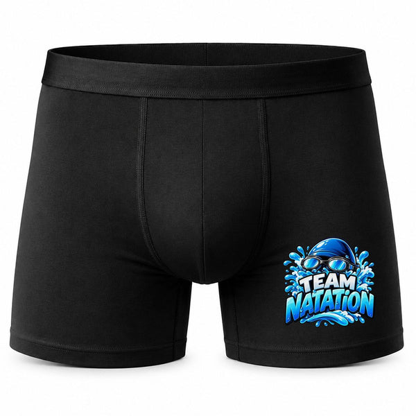 Boxer Homme Team Natation | modèle 1 | Caleçon Coton Noir Motif Devant Coutures Plates S à 5XL | Idée Cadeau Nageur Fête des Pères Noël