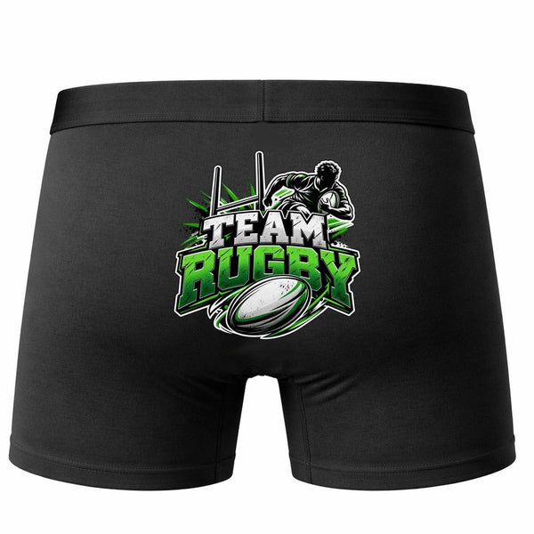 Boxer Homme Team Rugby | Caleçon Coton Noir Motif au Dos Coutures Plates S à 5XL | Idée Cadeau Rugbyman Fête des Pères Noël
