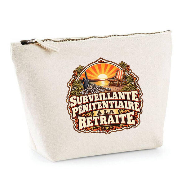 Trousse Beige Surveillante Pénitentiaire à la Retraite | Trousse de Toilette Coton 3 L Zip Métal Fond Plat | Maquillage École Câbles | Idée Cadeau Rentrée Noël
