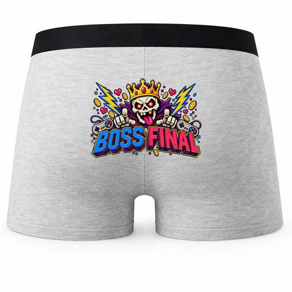 Boxer Homme Boss Final | Caleçon Coton Gris Motif au Dos Coutures Plates S à 5XL | Idée Cadeau Gamer Fête des Pères Noël