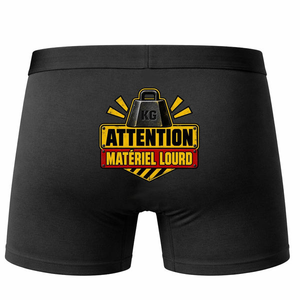 Boxer Homme Attention Matériel Lourd | Caleçon Coton Noir Motif au Dos Coutures Plates S à 5XL | Idée Cadeau Fête des Pères Noël