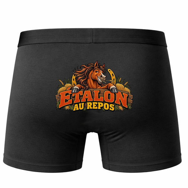 Boxer Homme Étalon au Repos | Caleçon Coton Noir Motif au Dos Coutures Plates S à 5XL | Idée Cadeau Fête des Pères Noël