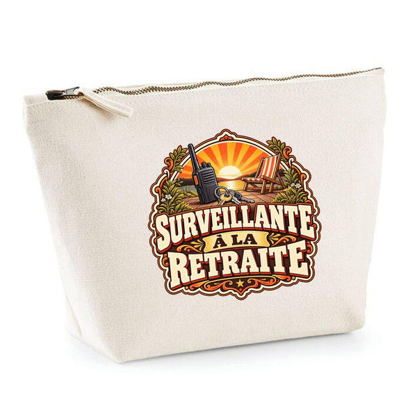 Trousse Beige Surveillante à la Retraite | Trousse de Toilette Coton 3 L Zip Métal Fond Plat | Maquillage École Câbles | Idée Cadeau Rentrée Noël