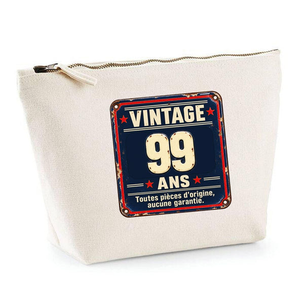 Trousse Beige Vintage 99 Ans, Toutes Pièces d'origine | Trousse de Toilette Coton 3 L Zip Métal Fond Plat | Maquillage École Câbles | Idée Cadeau Rentrée Noël