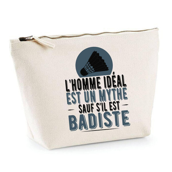 Trousse Beige l'homme Idéal est Un Mythe sauf s'il est Badiste | Trousse de Toilette Coton 3 L Zip Métal Fond Plat | Maquillage École Câbles | Idée Cadeau Joueur de Badminton Rentrée Noël