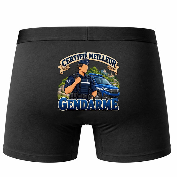 Boxer Homme Certifié Meilleur Gendarme | modèle 1 | Caleçon Coton Noir Motif au Dos Coutures Plates S à 5XL | Idée Cadeau Fête des Pères Noël