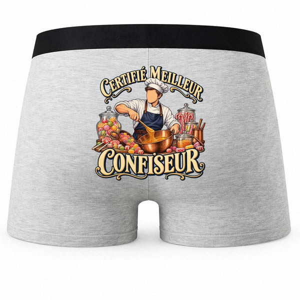 Boxer Homme Certifié Meilleur confiseur | Caleçon Coton Gris Motif au Dos Coutures Plates S à 5XL | Idée Cadeau Artisan Fête des Pères Noël