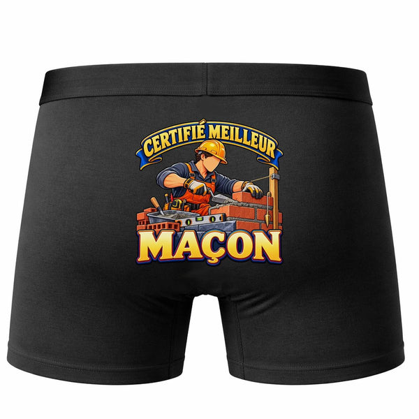 Boxer Homme Certifié Meilleur maçon | modèle 2 | Caleçon Coton Noir Motif au Dos Coutures Plates S à 5XL | Idée Cadeau Artisan Fête des Pères Noël