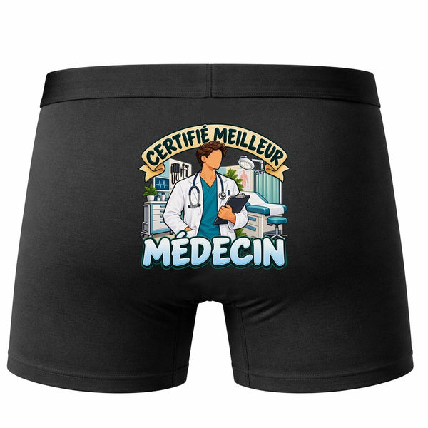 Boxer Homme Certifié Meilleur médecin | modèle 1 | Caleçon Coton Noir Motif au Dos Coutures Plates S à 5XL | Idée Cadeau Soignant Fête des Pères Noël