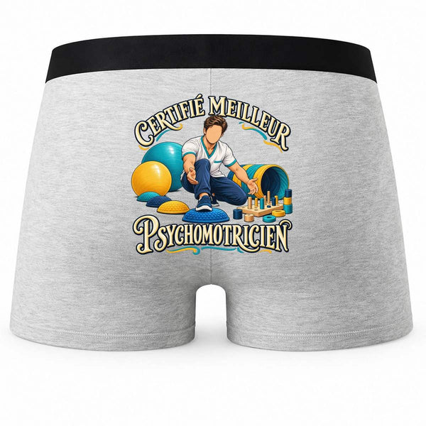 Boxer Homme Certifié Meilleur psychomotricien | Caleçon Coton Gris Motif au Dos Coutures Plates S à 5XL | Idée Cadeau Soignant Fête des Pères Noël