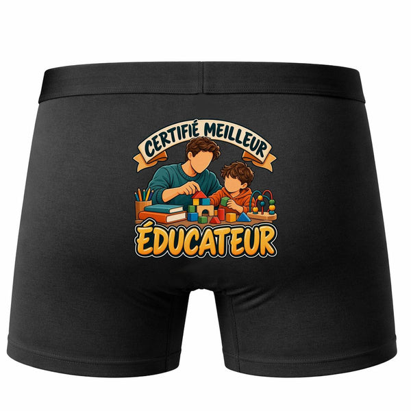 Boxer Homme Certifié Meilleur éducateur | modèle 2 | Caleçon Coton Noir Motif au Dos Coutures Plates S à 5XL | Idée Cadeau Fête des Pères Noël