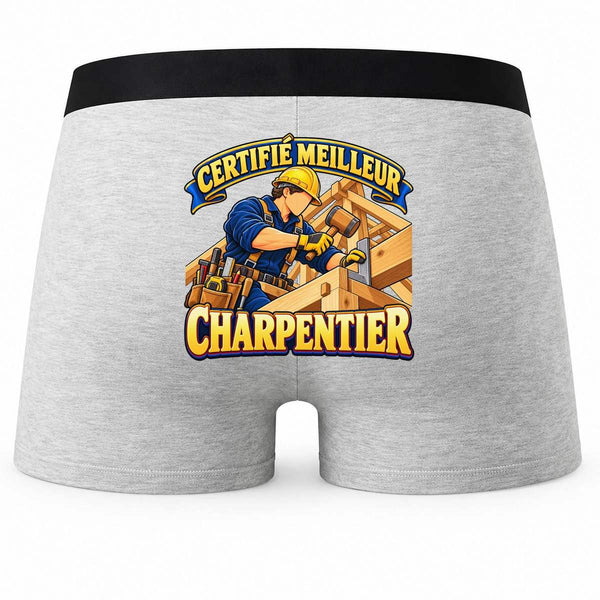 Boxer Homme Certifié Meilleur Charpentier | modèle 2 | Caleçon Coton Gris Motif au Dos Coutures Plates S à 5XL | Idée Cadeau Artisan Fête des Pères Noël