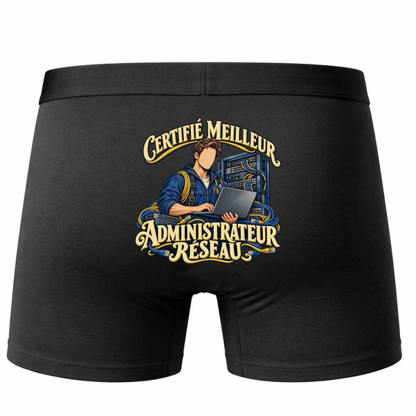 Boxer Homme Certifié Meilleur administrateur réseau | Caleçon Coton Noir Motif au Dos Coutures Plates S à 5XL | Idée Cadeau Informaticien Fête des Pères Noël