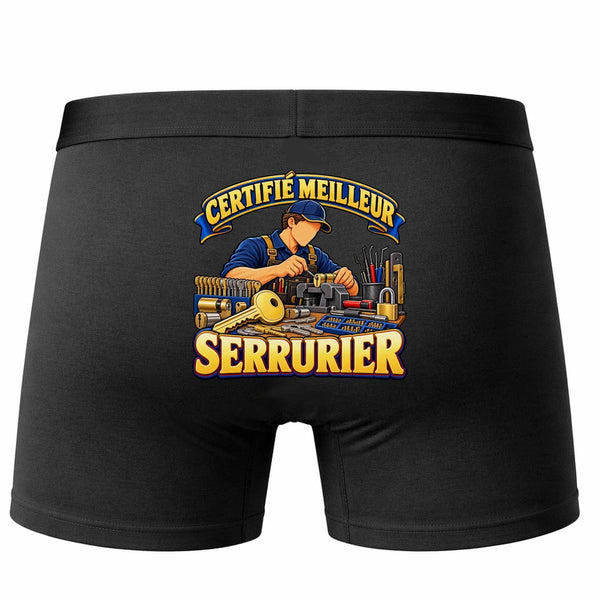 Boxer Homme Certifié Meilleur serrurier | Caleçon Coton Noir Motif au Dos Coutures Plates S à 5XL | Idée Cadeau Artisan Fête des Pères Noël
