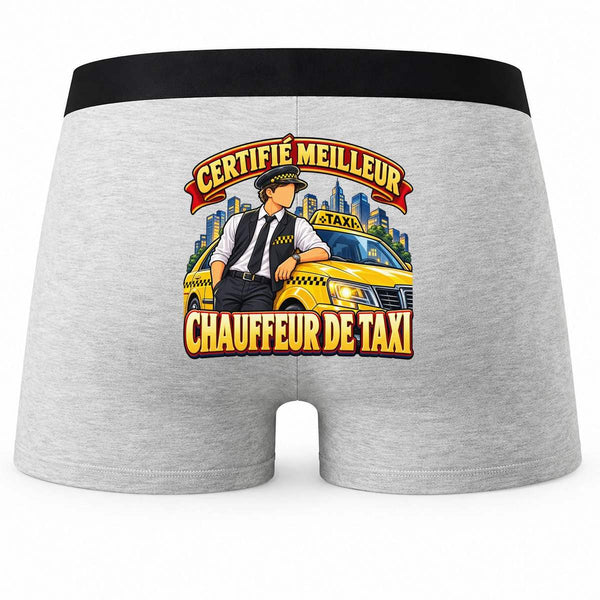 Boxer Homme Certifié Meilleur Chauffeur de Taxi | modèle 2 | Caleçon Coton Gris Motif au Dos Coutures Plates S à 5XL | Idée Cadeau Fête des Pères Noël