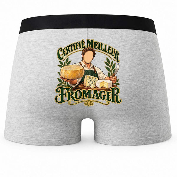 Boxer Homme Certifié Meilleur fromager | Caleçon Coton Gris Motif au Dos Coutures Plates S à 5XL | Idée Cadeau Artisan Fête des Pères Noël