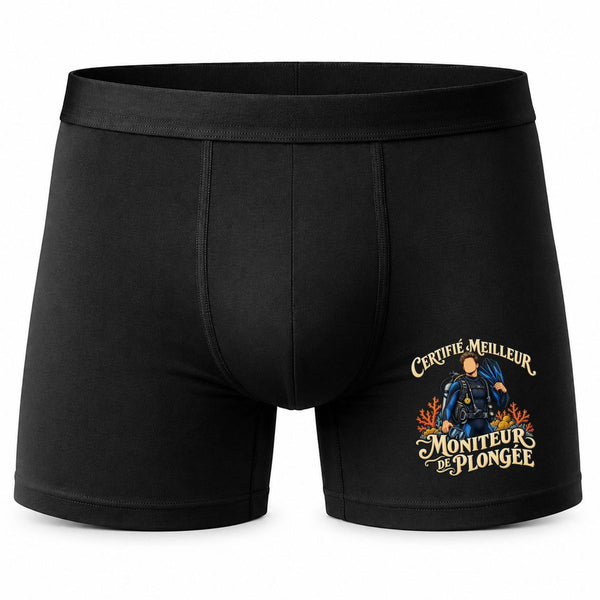 Boxer Homme Certifié Meilleur Moniteur de plongée | Caleçon Coton Noir Motif Devant Coutures Plates S à 5XL | Idée Cadeau Coach Fête des Pères Noël