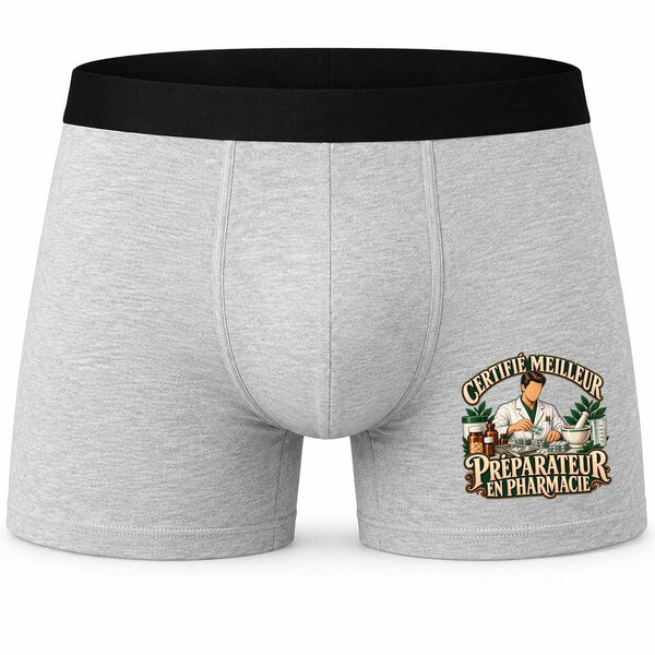 Boxer Homme Certifié Meilleur préparateur en Pharmacie | Caleçon Coton Gris Motif Devant Coutures Plates S à 5XL | Idée Cadeau Soignant Fête des Pères Noël