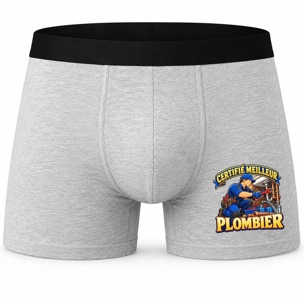 Boxer Homme Certifié Meilleur Plombier | modèle 1 | Caleçon Coton Gris Motif Devant Coutures Plates S à 5XL | Idée Cadeau Artisan Fête des Pères Noël