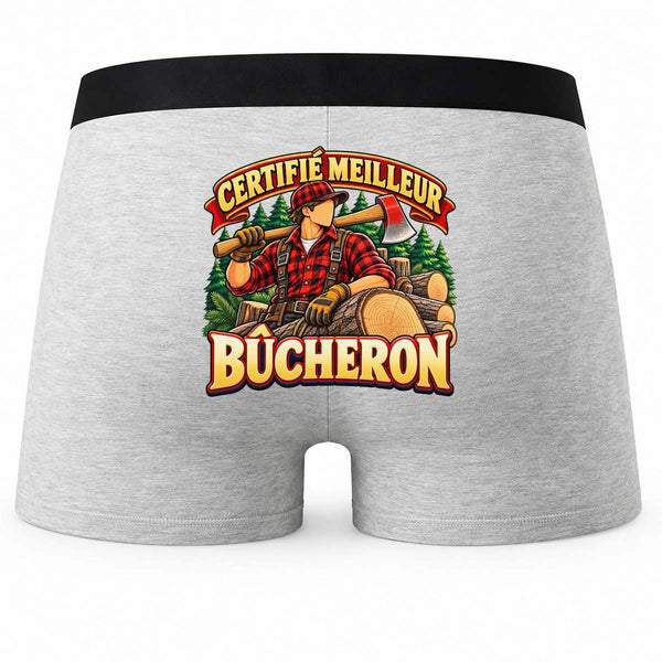 Boxer Homme Certifié Meilleur bûcheron | modèle 1 | Caleçon Coton Gris Motif au Dos Coutures Plates S à 5XL | Idée Cadeau Fête des Pères Noël