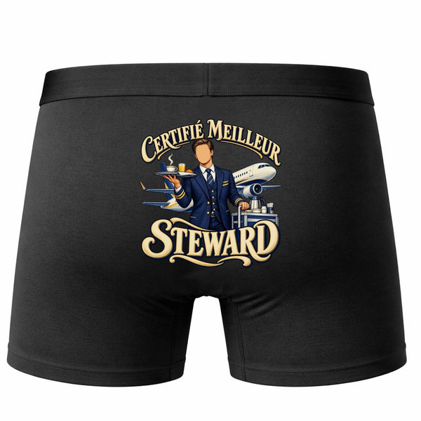 Boxer Homme Certifié Meilleur Steward | Caleçon Coton Noir Motif au Dos Coutures Plates S à 5XL | Idée Cadeau Fête des Pères Noël