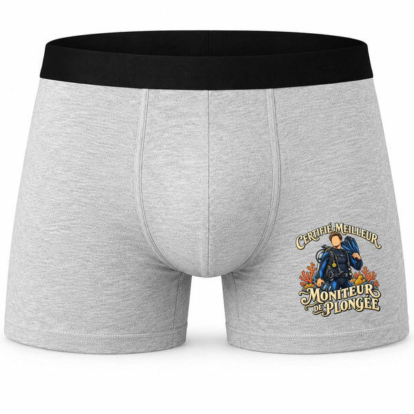Boxer Homme Certifié Meilleur Moniteur de plongée | Caleçon Coton Gris Motif Devant Coutures Plates S à 5XL | Idée Cadeau Coach Fête des Pères Noël