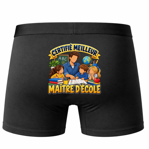 Boxer Homme Certifié Meilleur maître d'école | modèle 2 | Caleçon Coton Noir Motif au Dos Coutures Plates S à 5XL | Idée Cadeau Enseignant Fête des Pères Noël