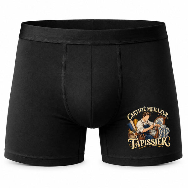 Boxer Homme Certifié Meilleur tapissier | modèle 2 | Caleçon Coton Noir Motif Devant Coutures Plates S à 5XL | Idée Cadeau Artisan Fête des Pères Noël
