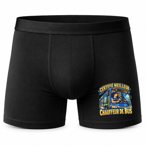 Boxer Homme Certifié Meilleur Chauffeur de Bus | modèle 2 | Caleçon Coton Noir Motif Devant Coutures Plates S à 5XL | Idée Cadeau Fête des Pères Noël