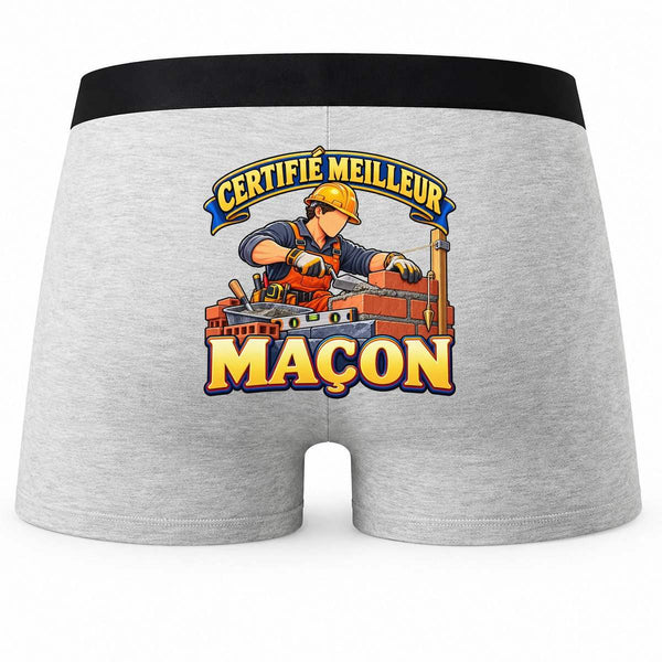 Boxer Homme Certifié Meilleur maçon | modèle 1 | Caleçon Coton Gris Motif au Dos Coutures Plates S à 5XL | Idée Cadeau Artisan Fête des Pères Noël