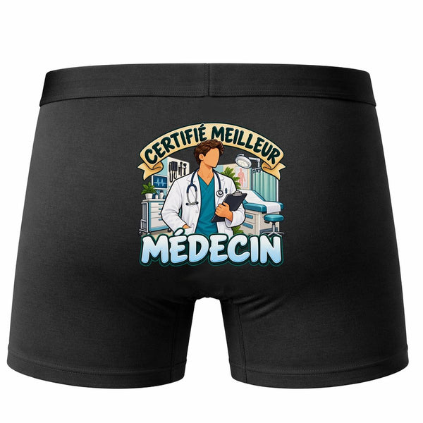 Boxer Homme Certifié Meilleur médecin | modèle 2 | Caleçon Coton Noir Motif au Dos Coutures Plates S à 5XL | Idée Cadeau Soignant Fête des Pères Noël
