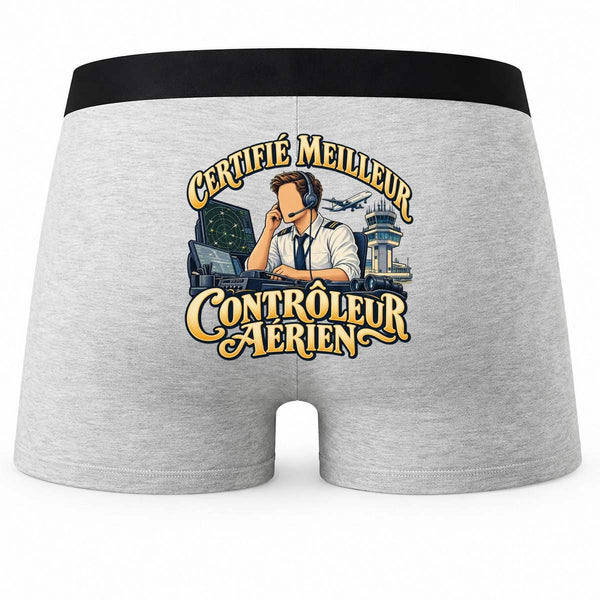 Boxer Homme Certifié Meilleur contrôleur aérien | Caleçon Coton Gris Motif au Dos Coutures Plates S à 5XL | Idée Cadeau Fête des Pères Noël