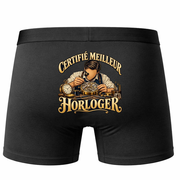 Boxer Homme Certifié Meilleur horloger | Caleçon Coton Noir Motif au Dos Coutures Plates S à 5XL | Idée Cadeau Artisan Fête des Pères Noël