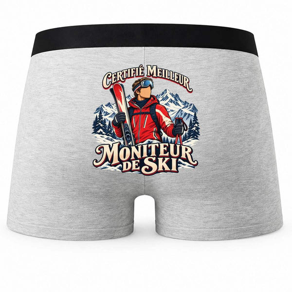Boxer Homme Certifié Meilleur Moniteur de Ski | modèle 1 | Caleçon Coton Gris Motif au Dos Coutures Plates S à 5XL | Idée Cadeau Coach Fête des Pères Noël
