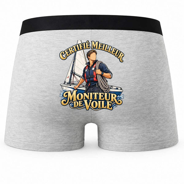 Boxer Homme Certifié Meilleur Moniteur de Voile | Caleçon Coton Gris Motif au Dos Coutures Plates S à 5XL | Idée Cadeau Coach Fête des Pères Noël