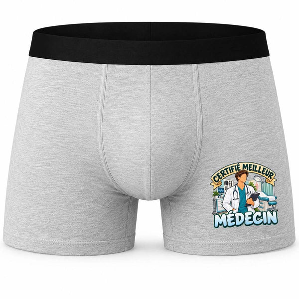 Boxer Homme Certifié Meilleur médecin | modèle 2 | Caleçon Coton Gris Motif Devant Coutures Plates S à 5XL | Idée Cadeau Soignant Fête des Pères Noël