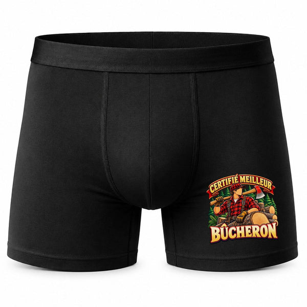 Boxer Homme Certifié Meilleur bûcheron | modèle 2 | Caleçon Coton Noir Motif Devant Coutures Plates S à 5XL | Idée Cadeau Fête des Pères Noël