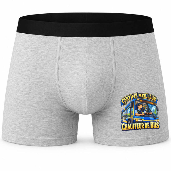Boxer Homme Certifié Meilleur Chauffeur de Bus | modèle 2 | Caleçon Coton Gris Motif Devant Coutures Plates S à 5XL | Idée Cadeau Fête des Pères Noël