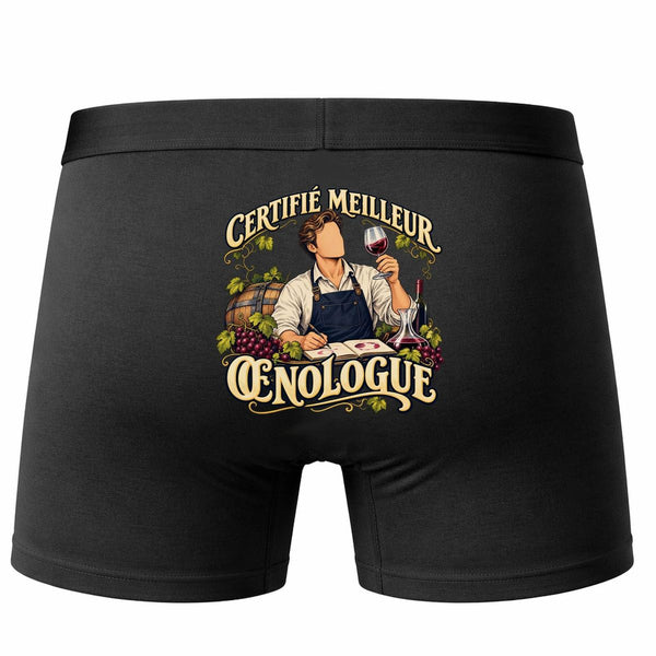 Boxer Homme Certifié Meilleur œnologue | Caleçon Coton Noir Motif au Dos Coutures Plates S à 5XL | Idée Cadeau Fête des Pères Noël