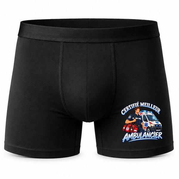 Boxer Homme Certifié Meilleur ambulancier | Caleçon Coton Noir Motif Devant Coutures Plates S à 5XL | Idée Cadeau Soignant Fête des Pères Noël