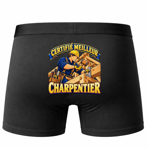 Boxer Homme Certifié Meilleur Charpentier | modèle 2 | Caleçon Coton Noir Motif au Dos Coutures Plates S à 5XL | Idée Cadeau Artisan Fête des Pères Noël