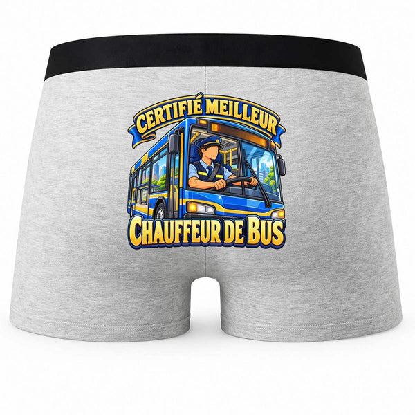 Boxer Homme Certifié Meilleur Chauffeur de Bus | modèle 2 | Caleçon Coton Gris Motif au Dos Coutures Plates S à 5XL | Idée Cadeau Fête des Pères Noël