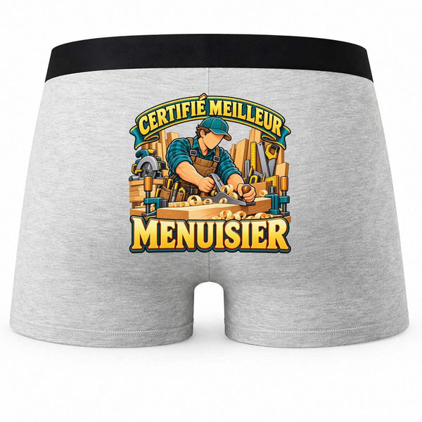 Boxer Homme Certifié Meilleur Menuisier | modèle 1 | Caleçon Coton Gris Motif au Dos Coutures Plates S à 5XL | Idée Cadeau Artisan Fête des Pères Noël