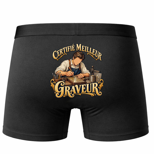 Boxer Homme Certifié Meilleur graveur | Caleçon Coton Noir Motif au Dos Coutures Plates S à 5XL | Idée Cadeau Artisan Fête des Pères Noël