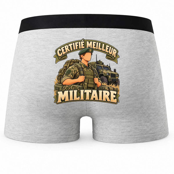 Boxer Homme Certifié Meilleur Militaire | modèle 2 | Caleçon Coton Gris Motif au Dos Coutures Plates S à 5XL | Idée Cadeau Fête des Pères Noël