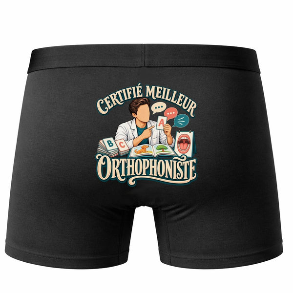 Boxer Homme Certifié Meilleur orthophoniste | Caleçon Coton Noir Motif au Dos Coutures Plates S à 5XL | Idée Cadeau Soignant Fête des Pères Noël