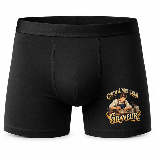 Boxer Homme Certifié Meilleur graveur | Caleçon Coton Noir Motif Devant Coutures Plates S à 5XL | Idée Cadeau Artisan Fête des Pères Noël