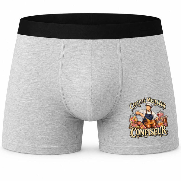 Boxer Homme Certifié Meilleur confiseur | Caleçon Coton Gris Motif Devant Coutures Plates S à 5XL | Idée Cadeau Artisan Fête des Pères Noël